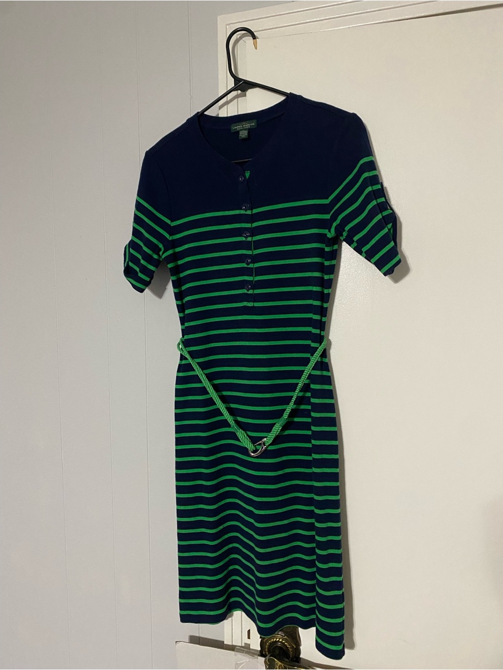 Ralph Lauren Navy Dress with Green Stripes and Braided Belt